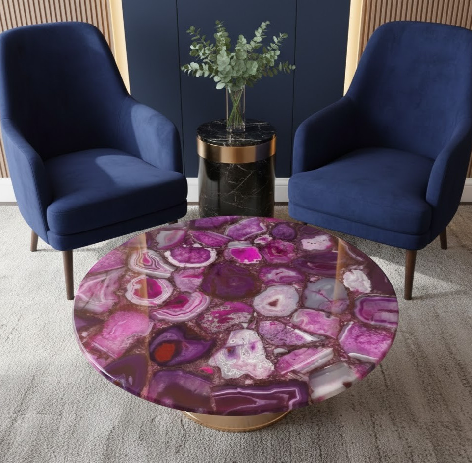 Luxury Pink Agate Stone Coffee Table – Round Semi Precious Gemstone Decor 18”in