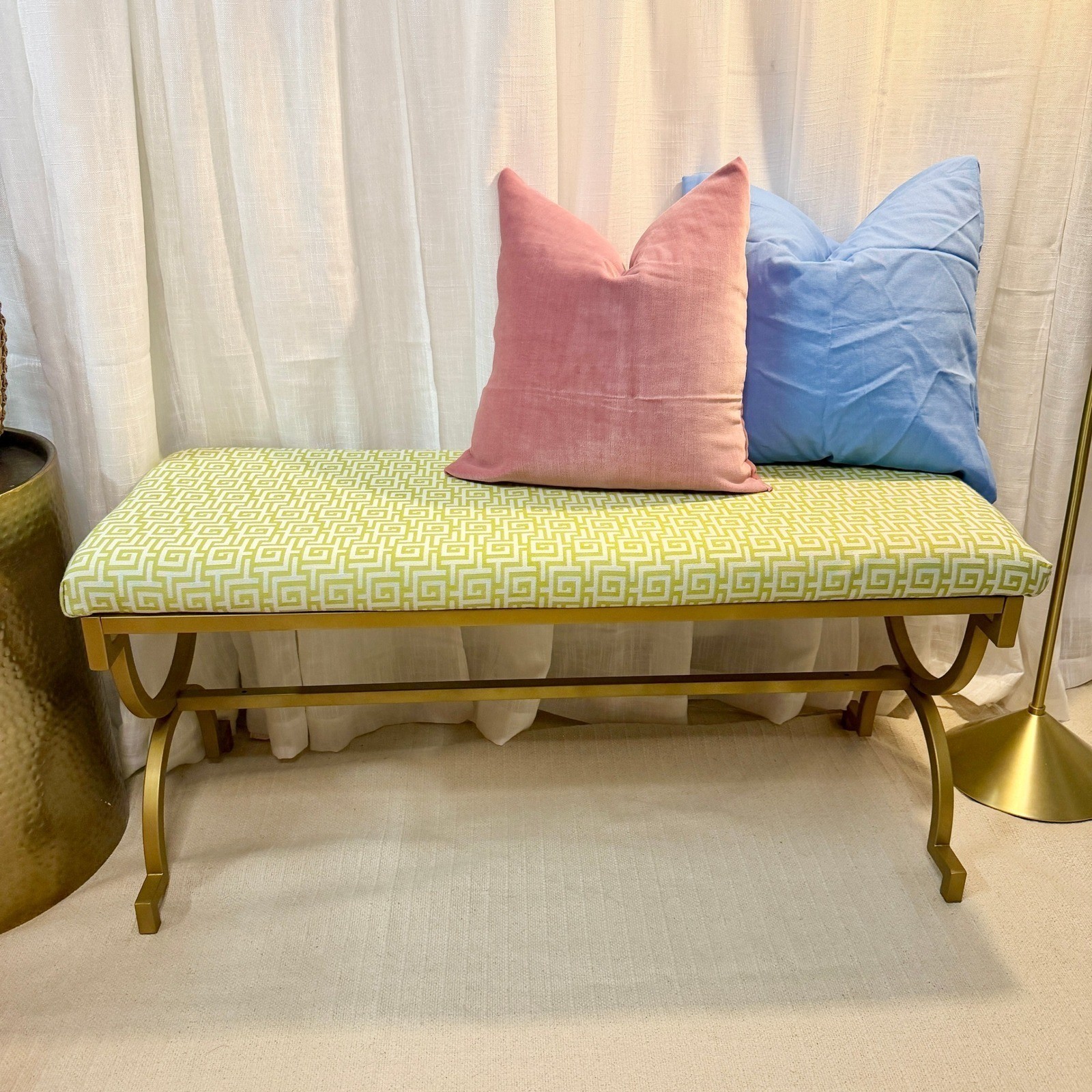 Custom Greek Key Upholstered Bench Lime Green Gold Hollywood Regency Palm Beach