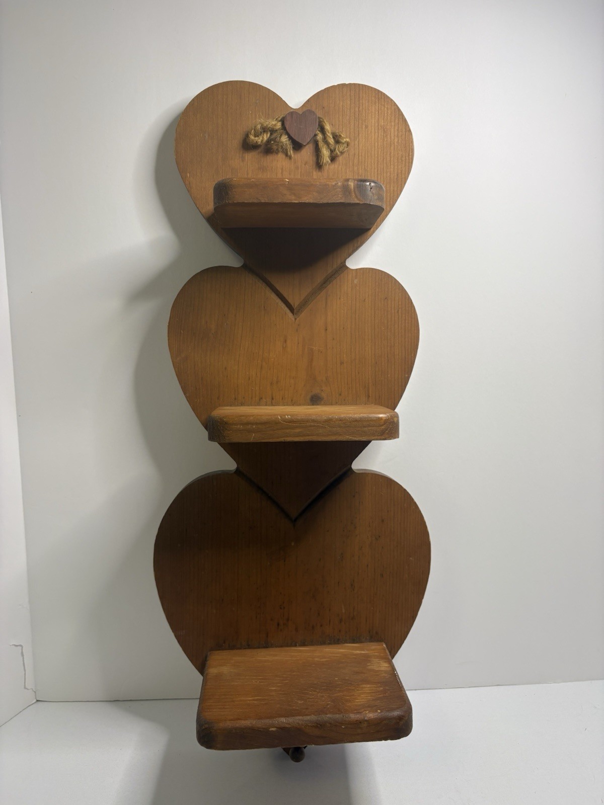 Vtg Wood 3 Tier Heart Shaped Wall Hanging Display Shelf Farmhouse Country 20.5”