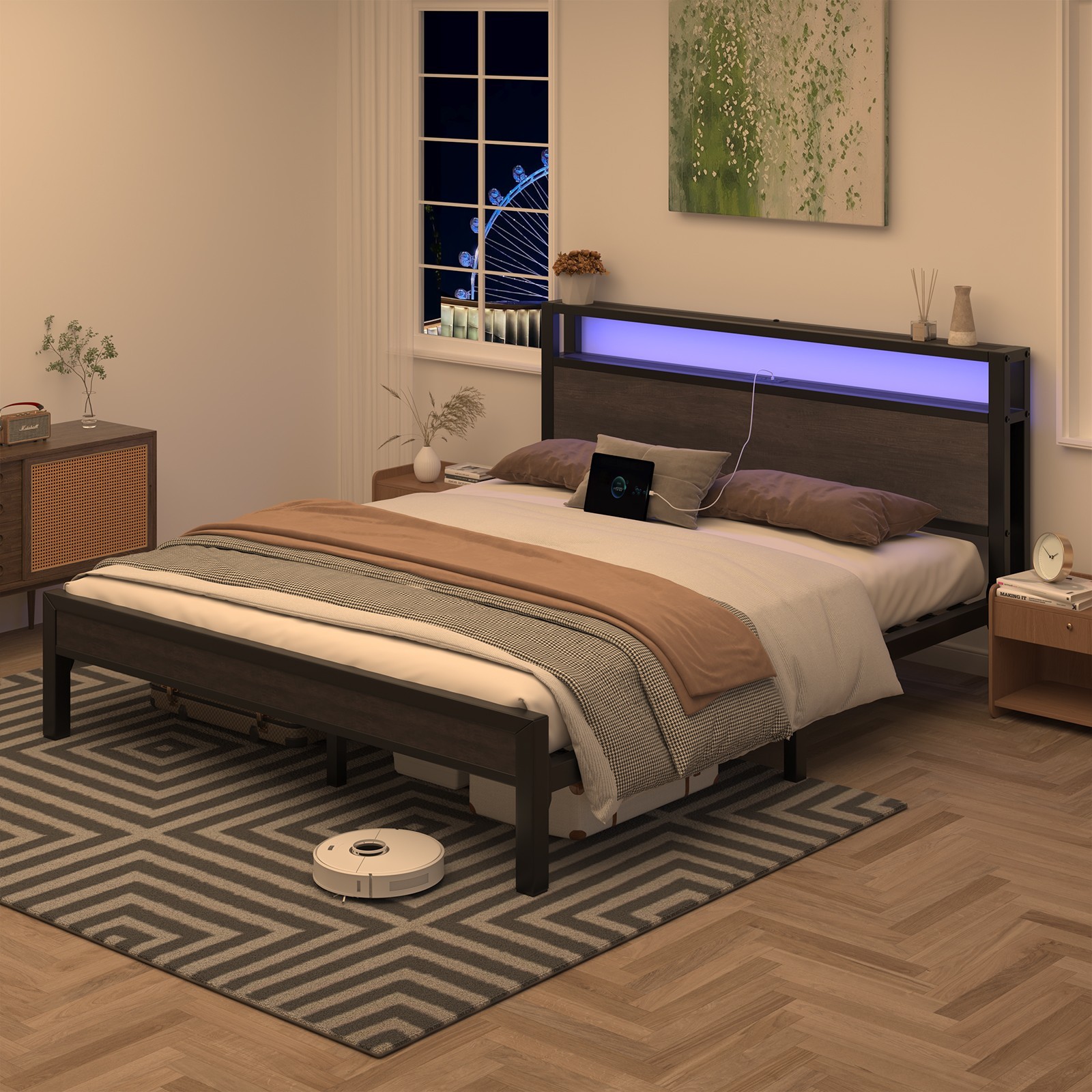 Full/Queen/King Size Bed Frame with 2-Tier Storage and LED Lights Headboard