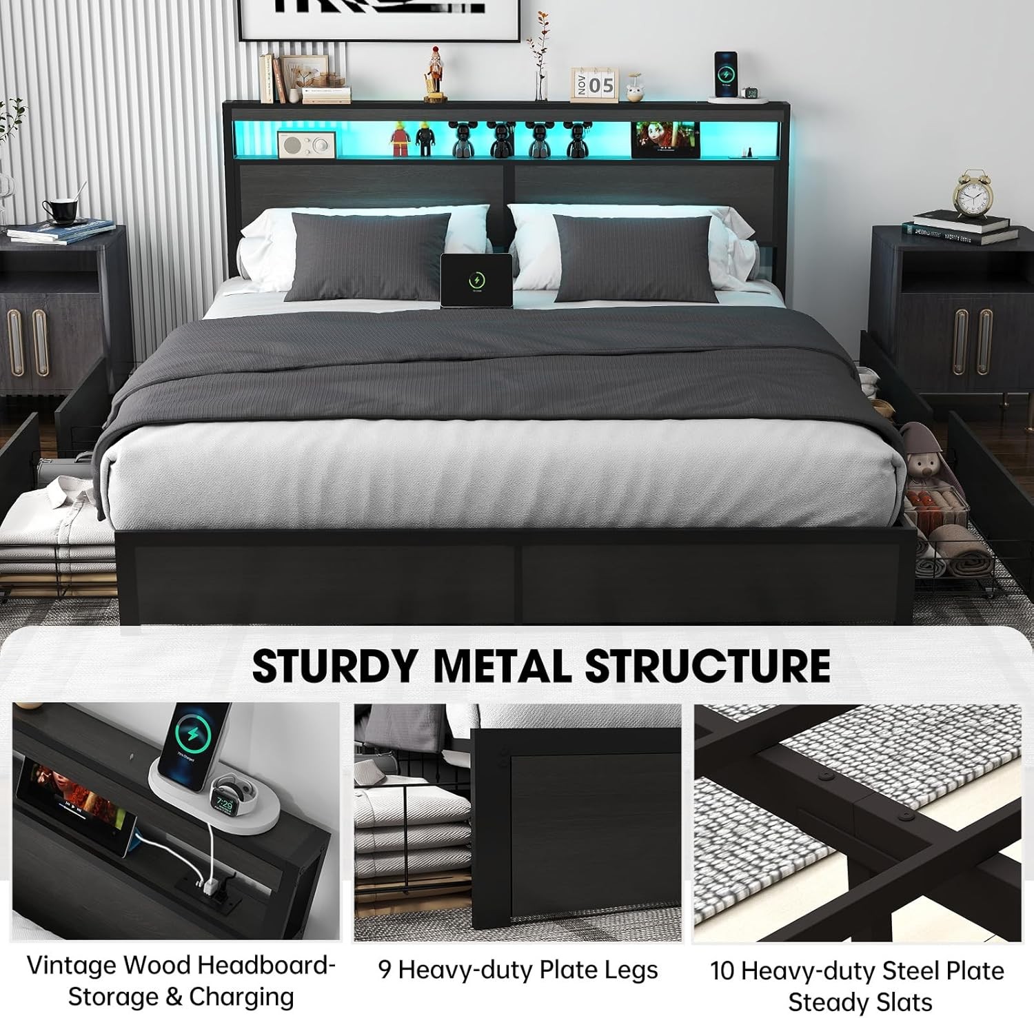 King Queen Full Size LED Bed Frame with Storage Headboard & 4 Drawers & Charging