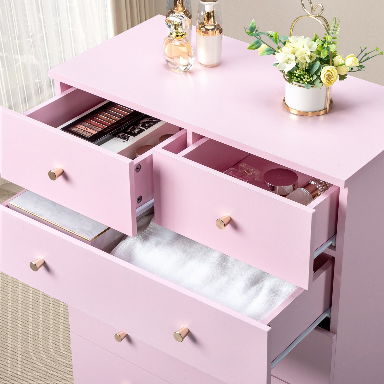 6 Drawer Dresser Pink Clothes Storage Cabinet Chest Of Drawer Kids Bedroom Stand