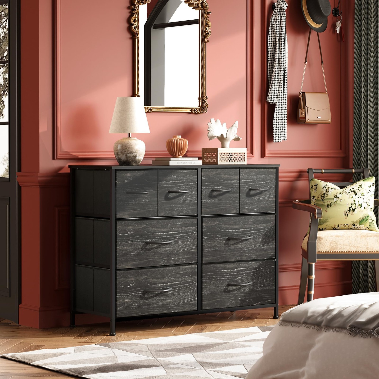 WLIVE 11.8″D x 39.4″W x 30.4″H (8 Drawers), Charcoal Black Wood Grain Print