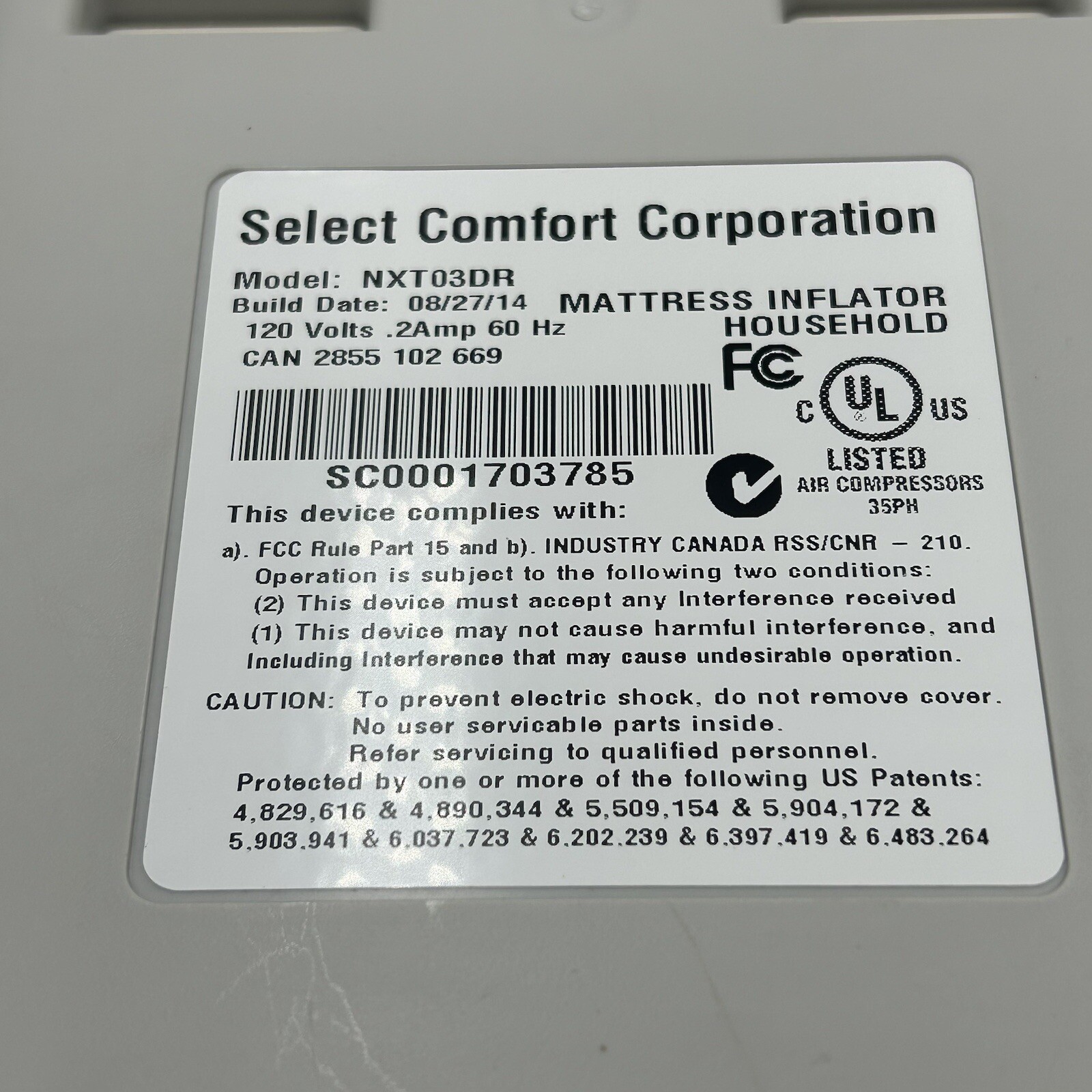 Select Comfort Sleep Number – Dual Hose Pump & Wireless Remote – NXT03DR (DESC)