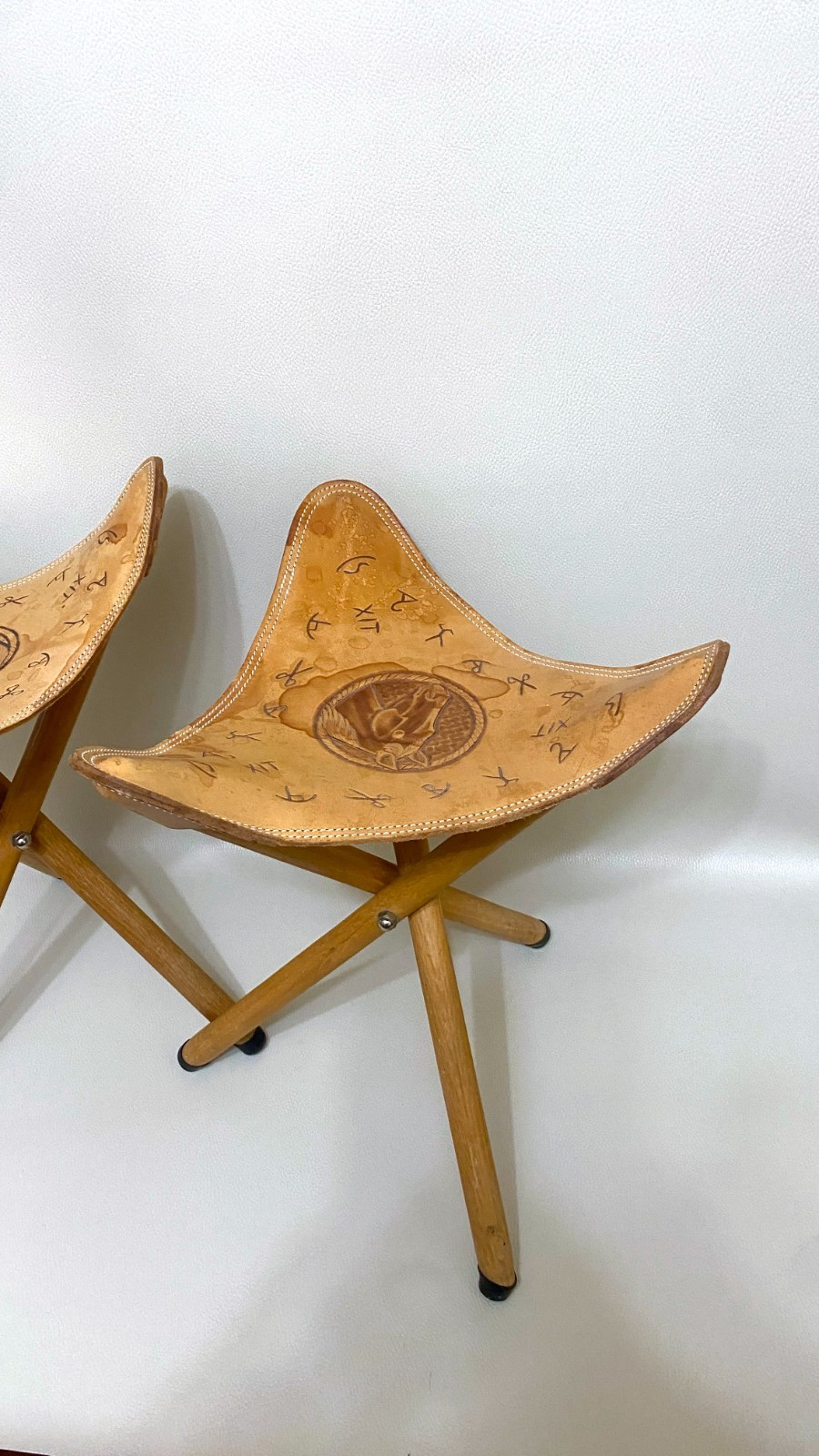 Vintage Tooled Folding Leather Horse Saddle Stools Pair Handmade