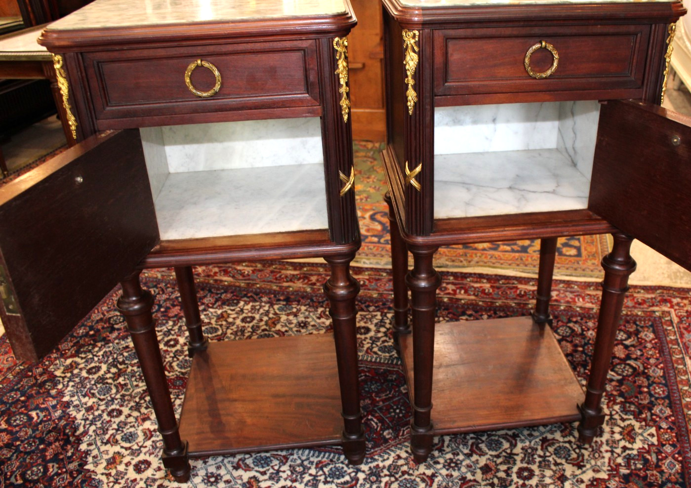 Pair of French Antique Louis XVI Mahogany Nightstands / Bedside Tables