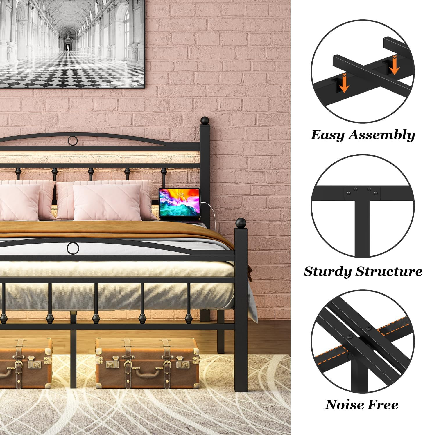 Full Size Metal Bed Frame with LED Lights & Charging Station, No Box Spring Need