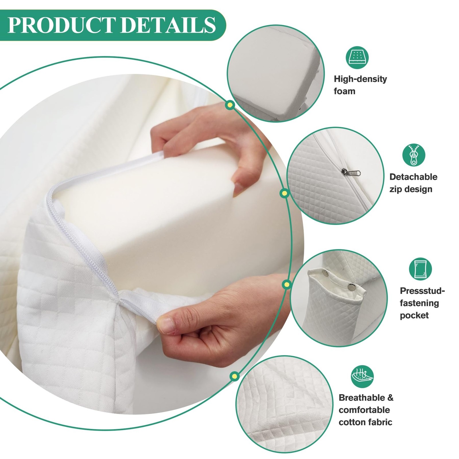 JZHLLA Foldable Pillow Wedge for Headboard Gap 76x6x6in White Cotton Bed Gap …