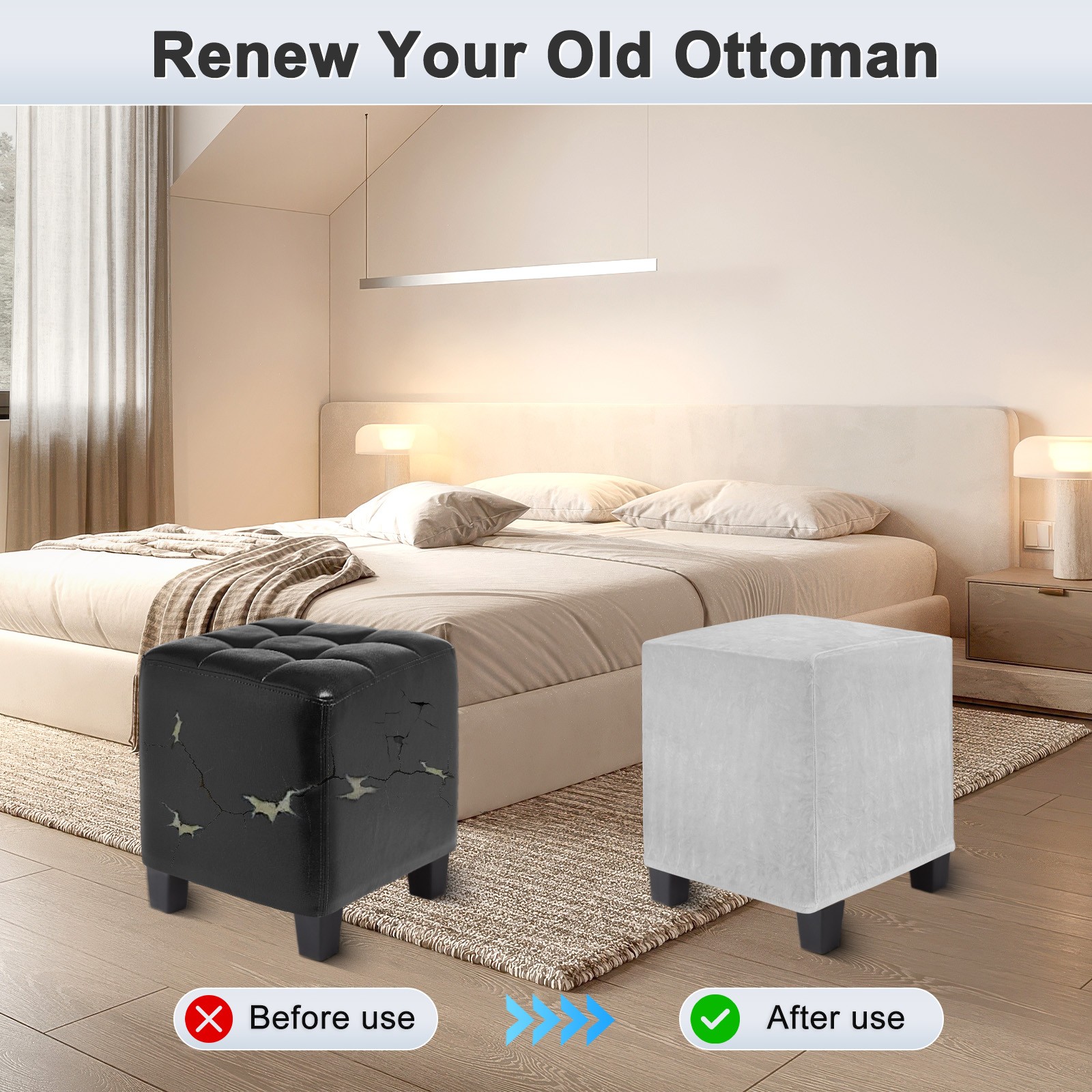 2-Pack 13″x13″x15″ Stretch Square Ottoman covers Footstool Protector Light Gray