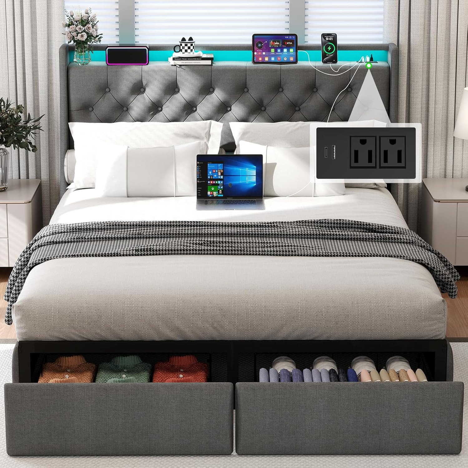Queen Bed Frame with Headboard and 2 Storage Drawers, Upholstered Wingback Platf