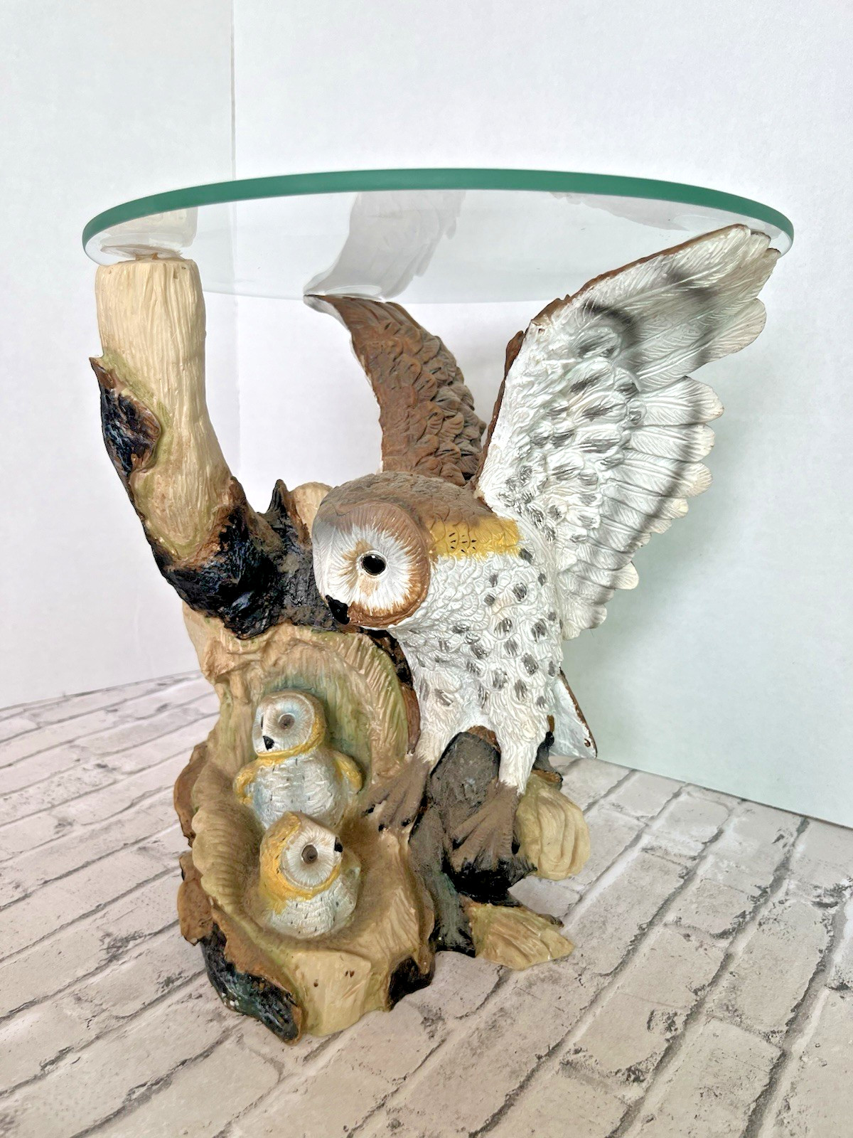 Vintage Resin Owl & Fledglings End Side Table Clear Round Glass Top Nature Decor