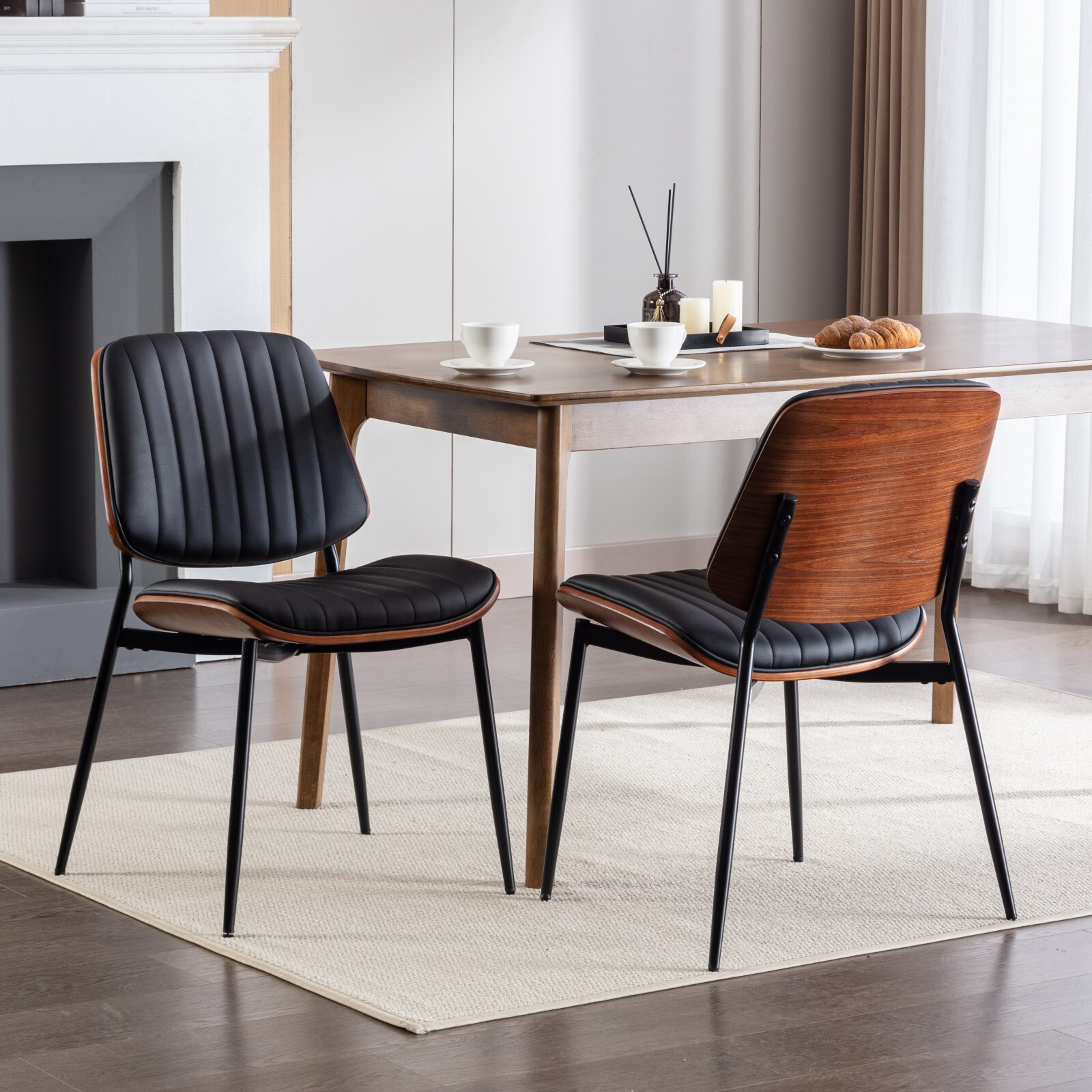 2 Set Retro PU Leather Upholstered Dining Chairs +Bentwood Back Metal Legs Black