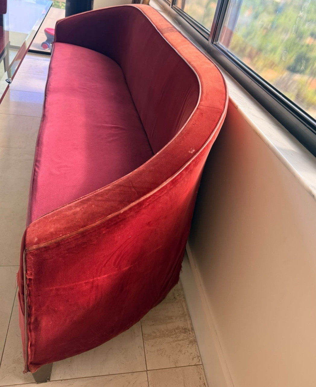 Red Velvet Curved Sofa 92in Art Deco 3-Seater Pad Arms Solid Wood Frame