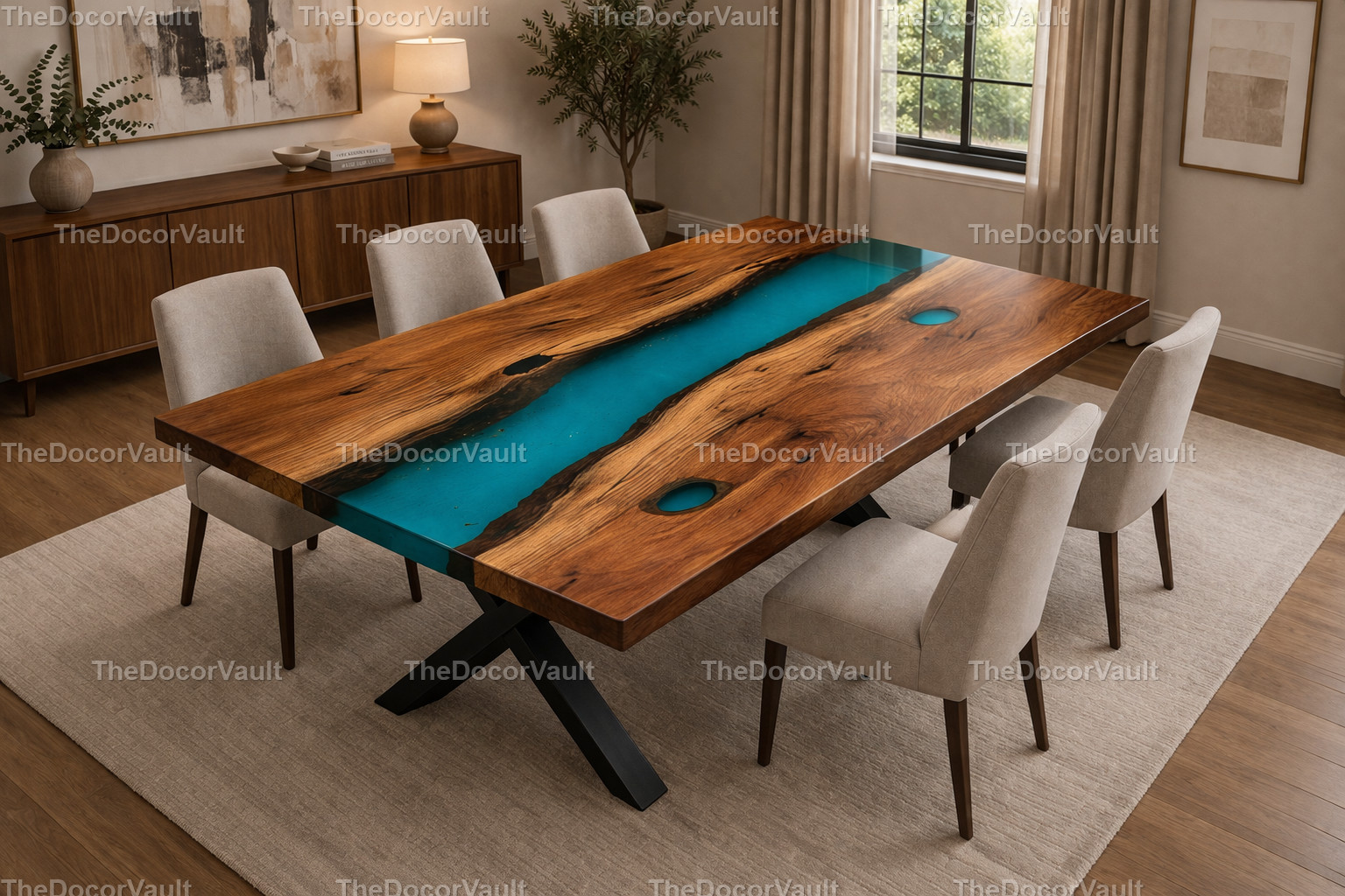 Live Edge Oak Table Top Blue Epoxy River Dining Table Handmade Solid Wood Slab