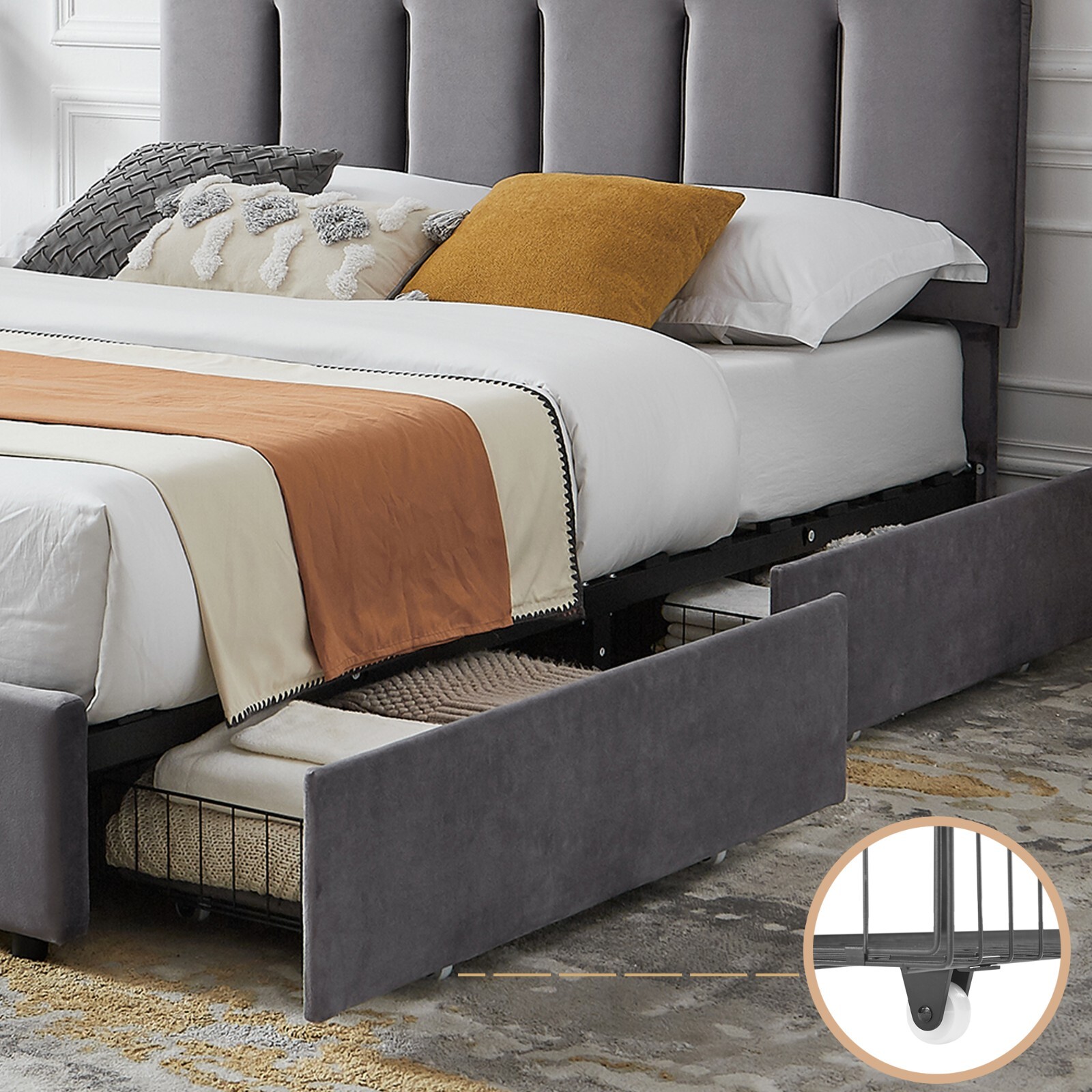 Upholstered Bed Frame with 4 Storage Drawer Queen Full Size Platform Headboard