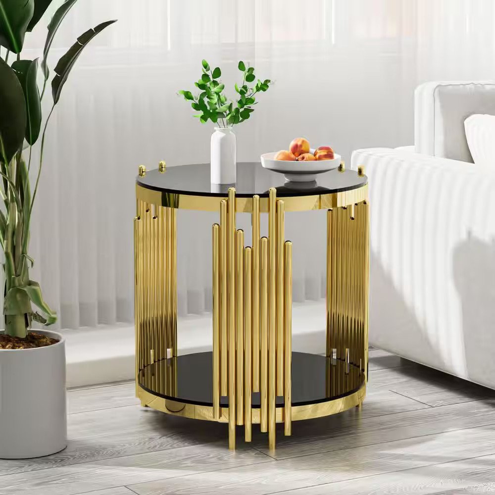 20 In. Black round Glass Coffee Table with Tempered Glass&Gold Legs, 2-Tier Stai