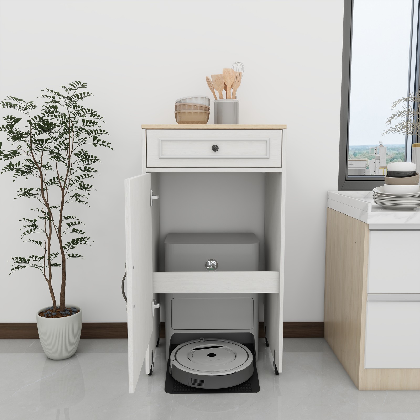 Robot Vacuum Stand with Wheels, Storage Cabinet with Doors & Drawers