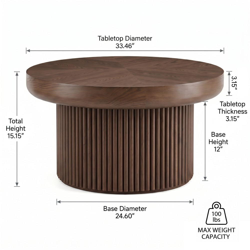33.5″ Round Fluted Coffee Table, Wood Parquet Top Cylindrical Base, Walnut