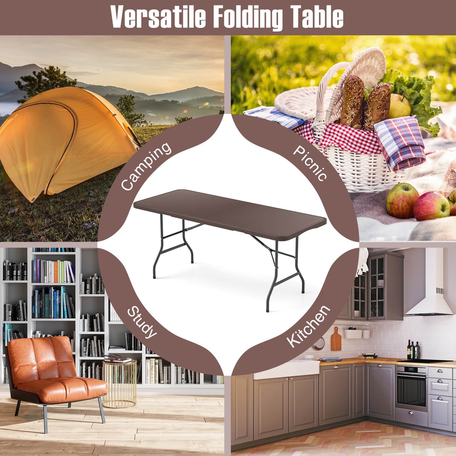 350 LBS Fold-in-Half Table w/ Rattan-Like HDPE Tabletop Safe Lock Mechanism