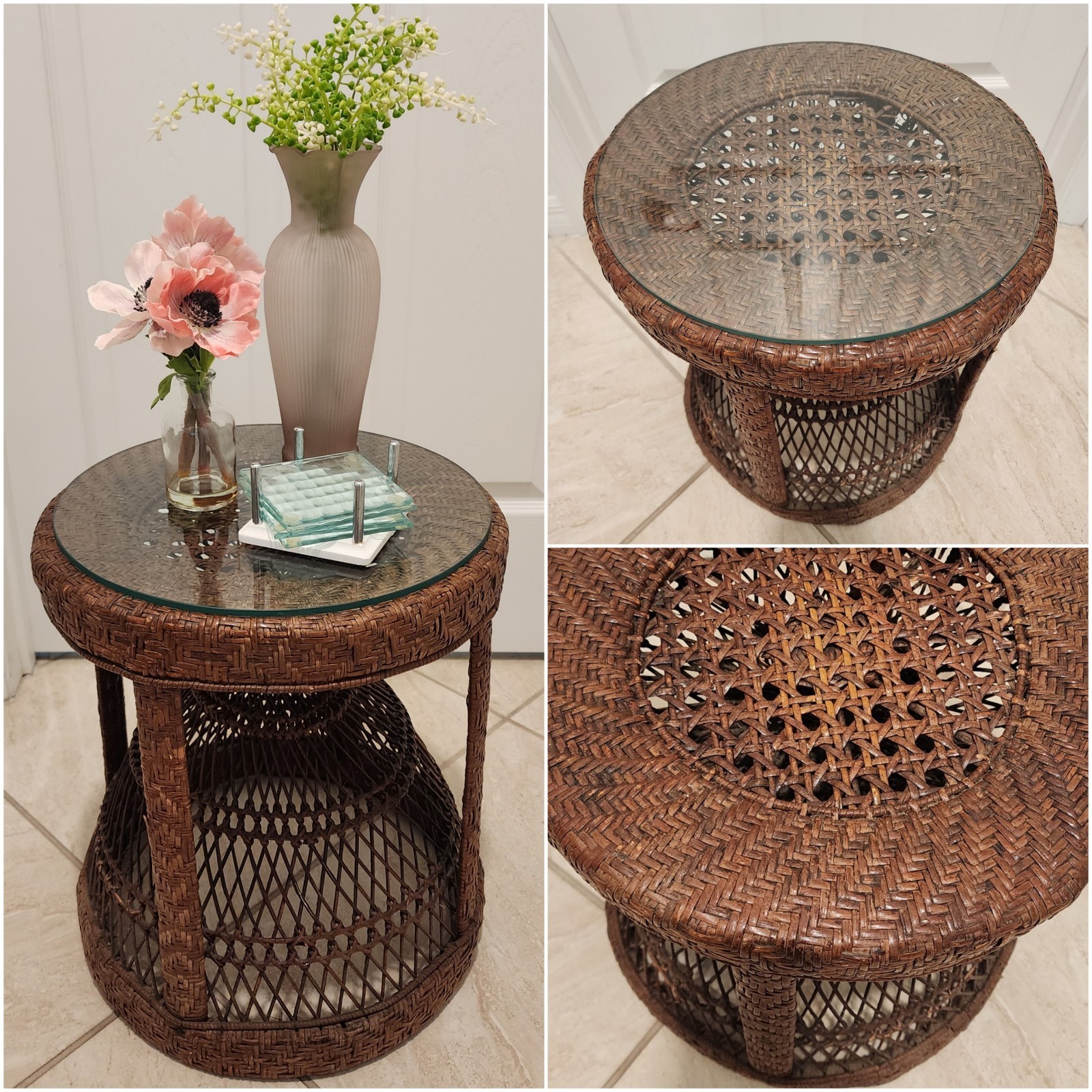 Vintage 70s Wicker Rattan Hourglass Side Accent Table Glass Top 16-1/2″ Tall