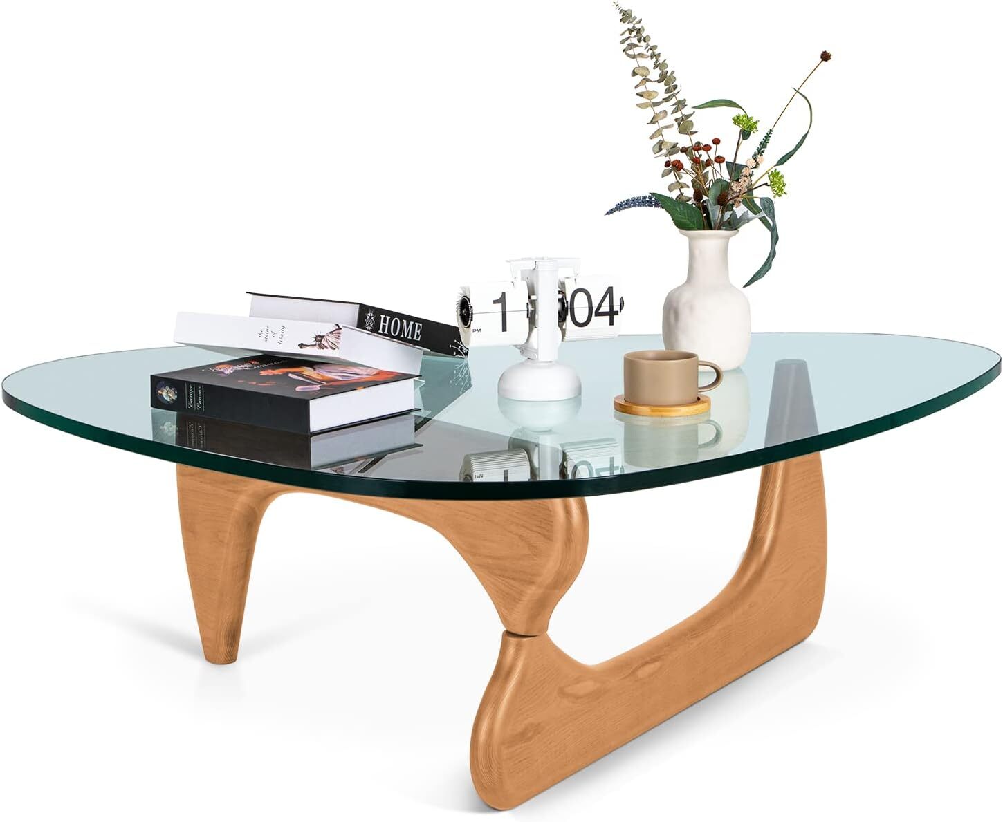 Vintage Noguchi Style Coffee Table with Solid Wood Base Clear Triangle Glass