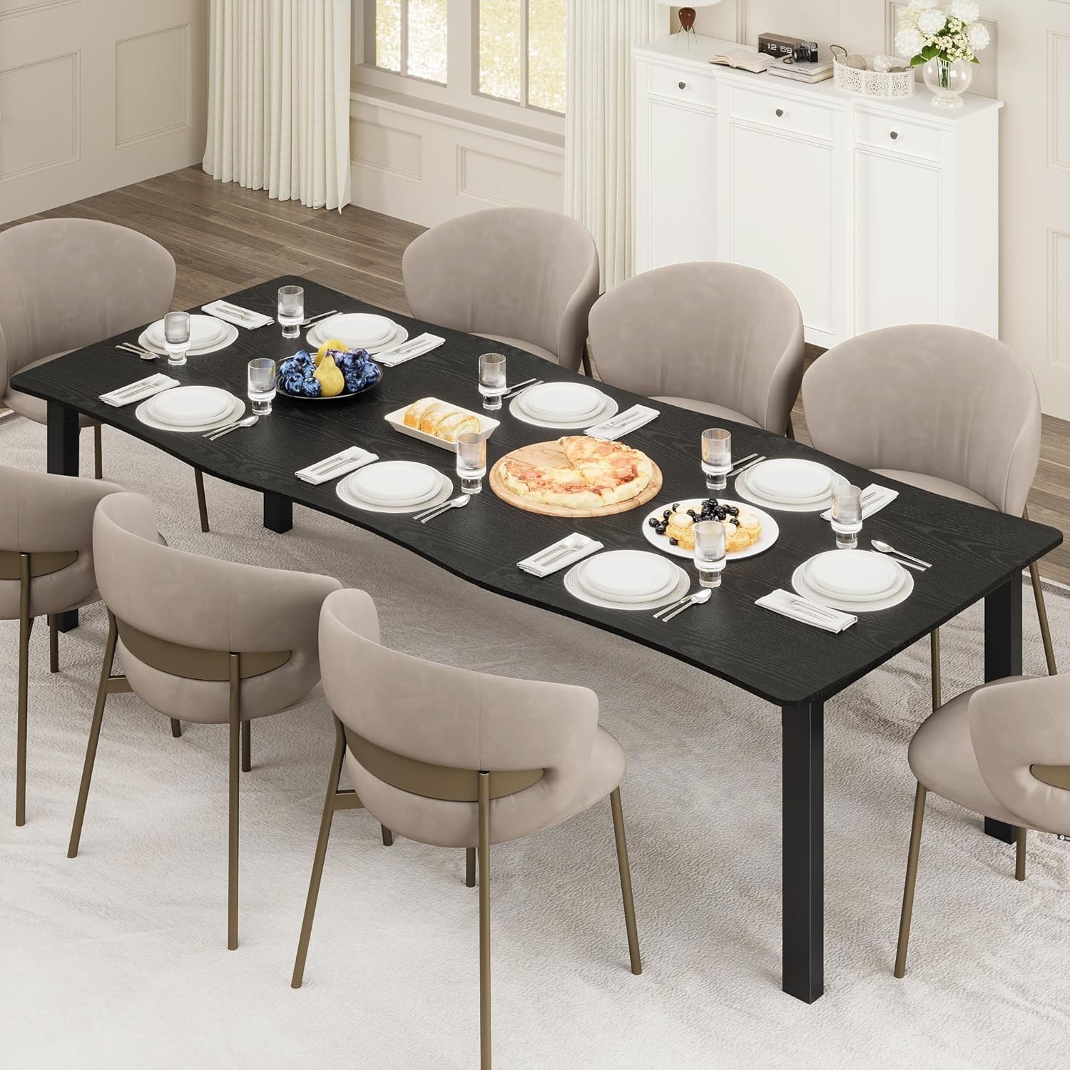 Dining Table fit 6-8 Person, Rustic Irregular Edge Wood Look with Metal Frame