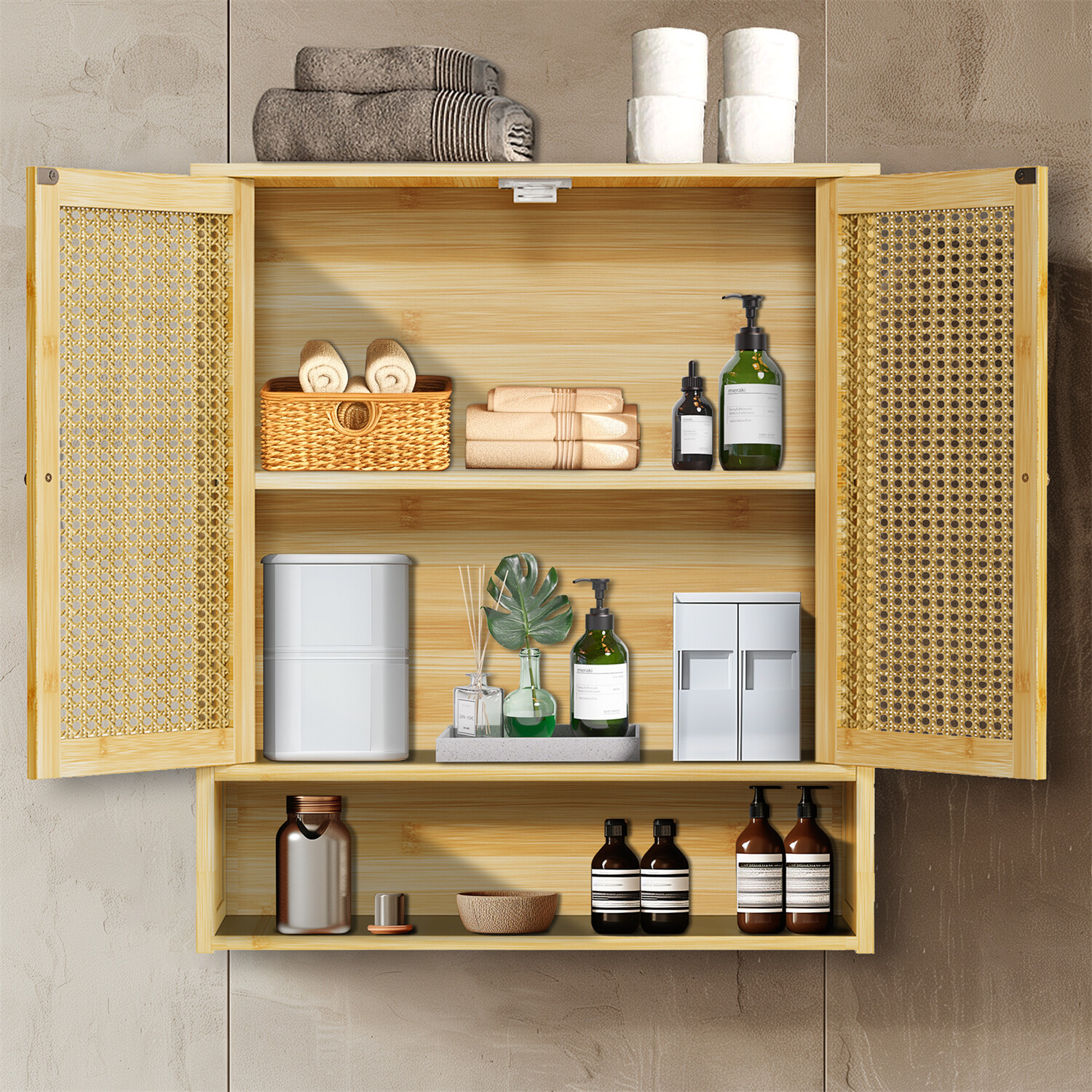 Bathroom Cabinet Wall Mounted, Bamboo Over-The-Toilet Storage Organizer 2 Door