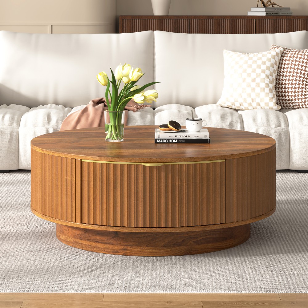 VIBE HAUS Farmhouse Round Coffee Table with Storage Drawer, Brown