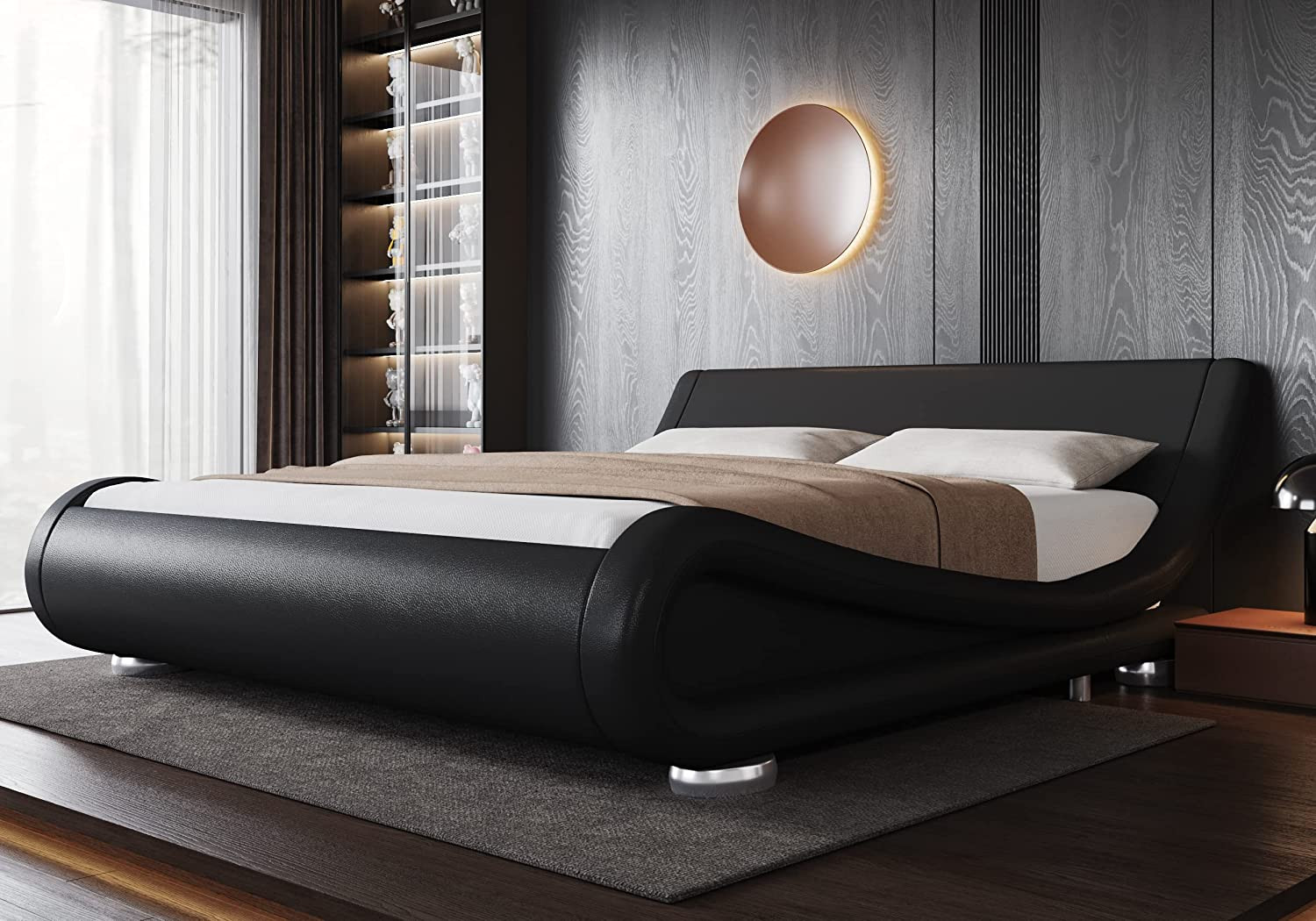 Queen Upholstered Sleigh Bed Frame with Adjustable Headboard, Black | Low Profil