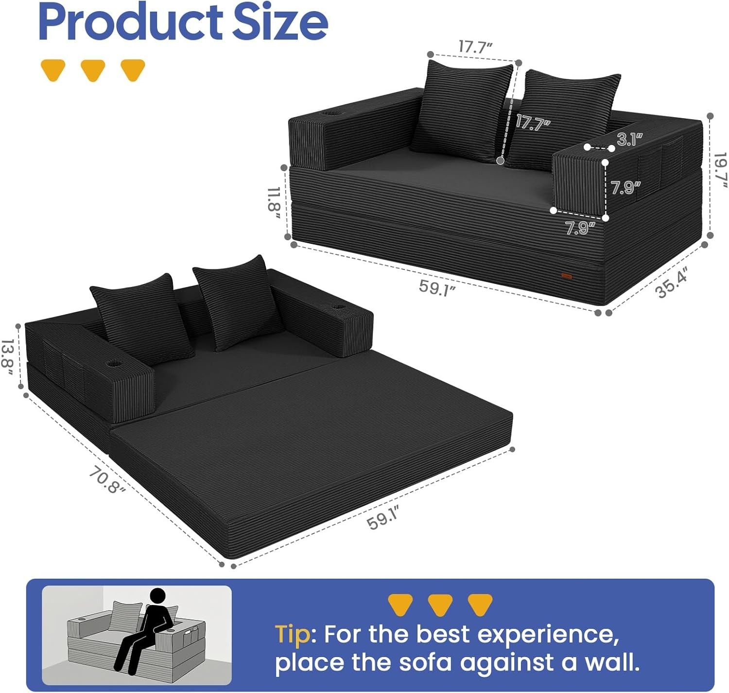Futon Sofa Bed, 4‑in‑1 Convertible Sofa Bed, Folding Boneless Couches for Liv…