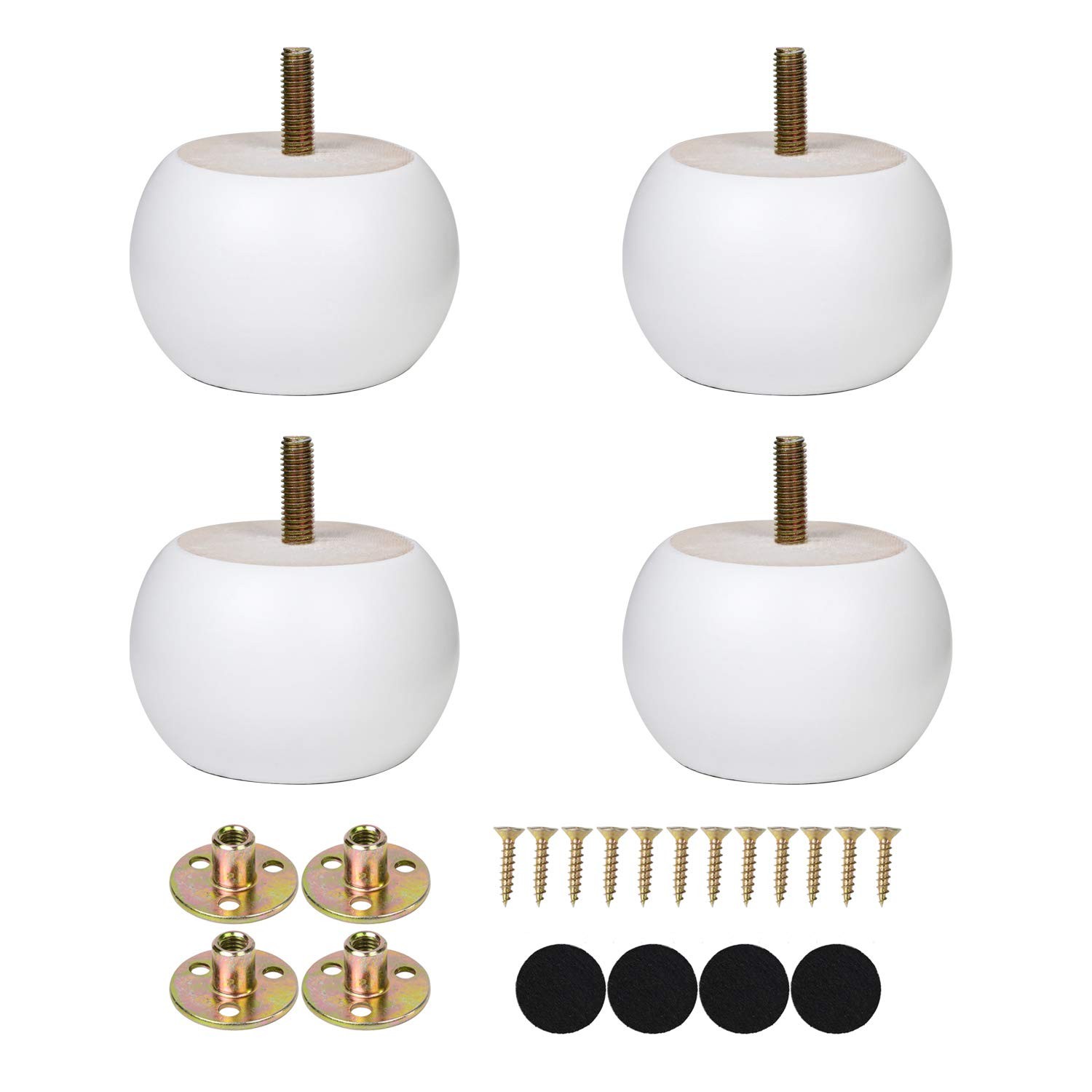 4 PCS 2 Inch White Wood Bun Feet, Round Replacement Legs, Predrilled M8 Bolt