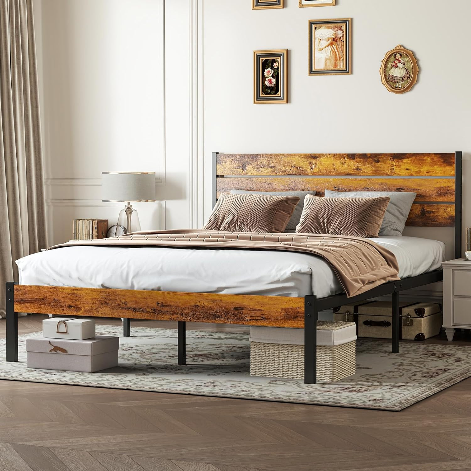 Bed Frame with Headboard, Full Size 800LBS Mattress Foundation with All Sturdy M