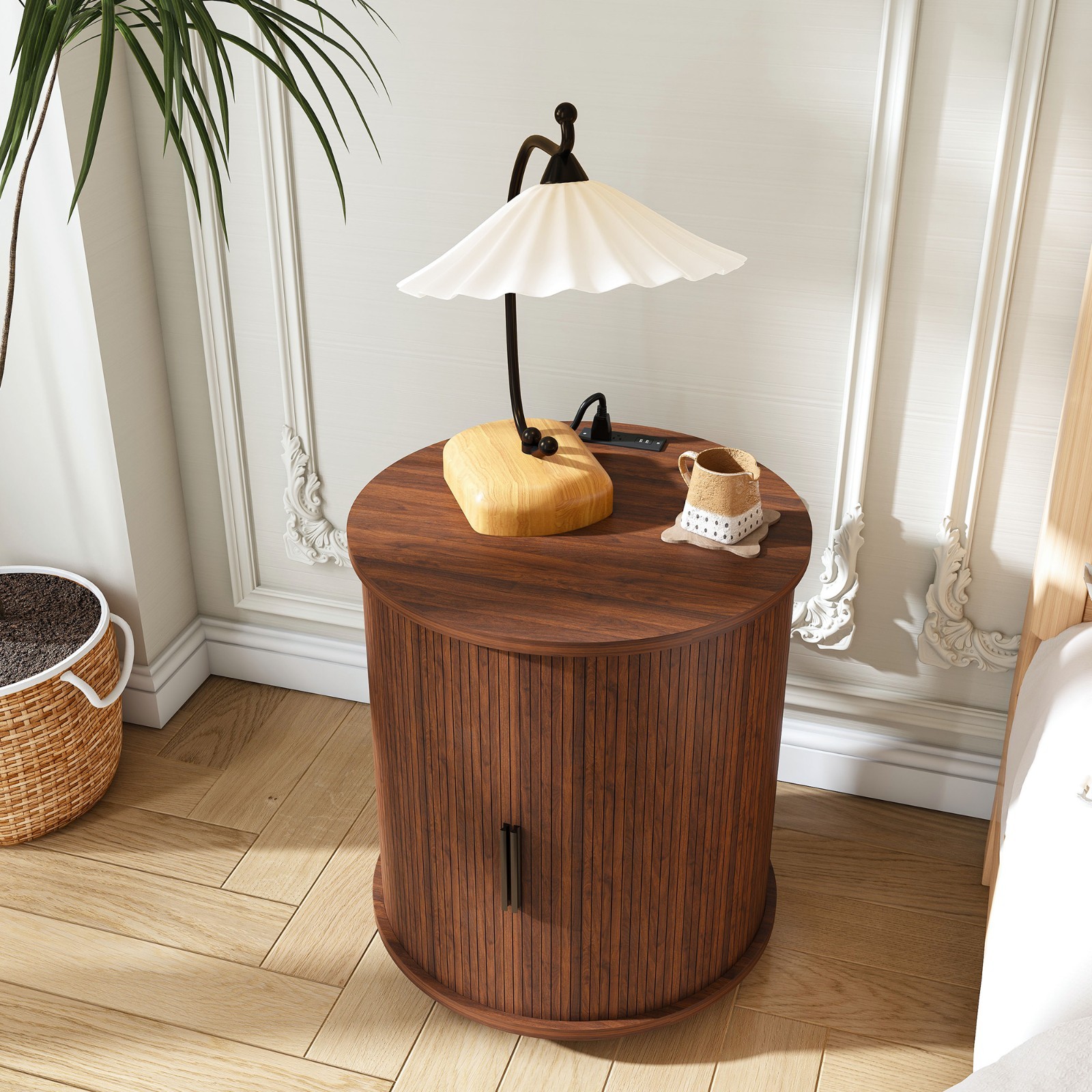 Modern End Table with Built-in Charging Station,2-Tier Storage Round Nightstand