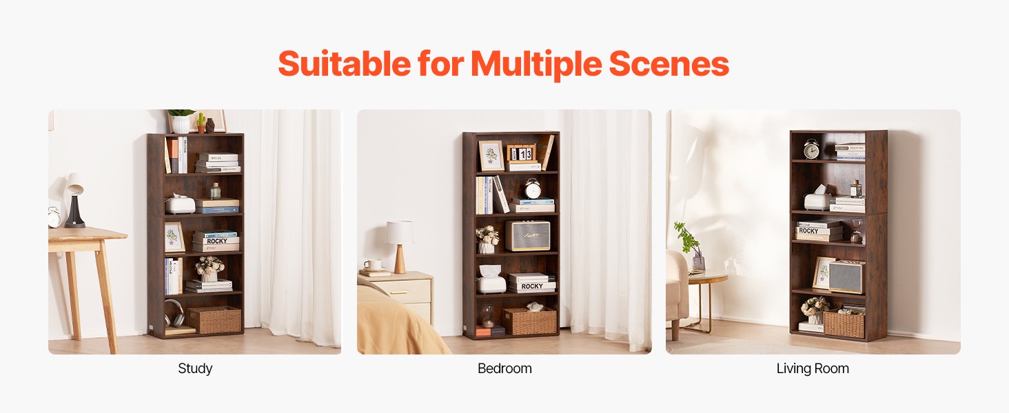 5 Tiers Narrow Bookshelf, Wooden Open Bookcase with Height-Adjustable Shelf,