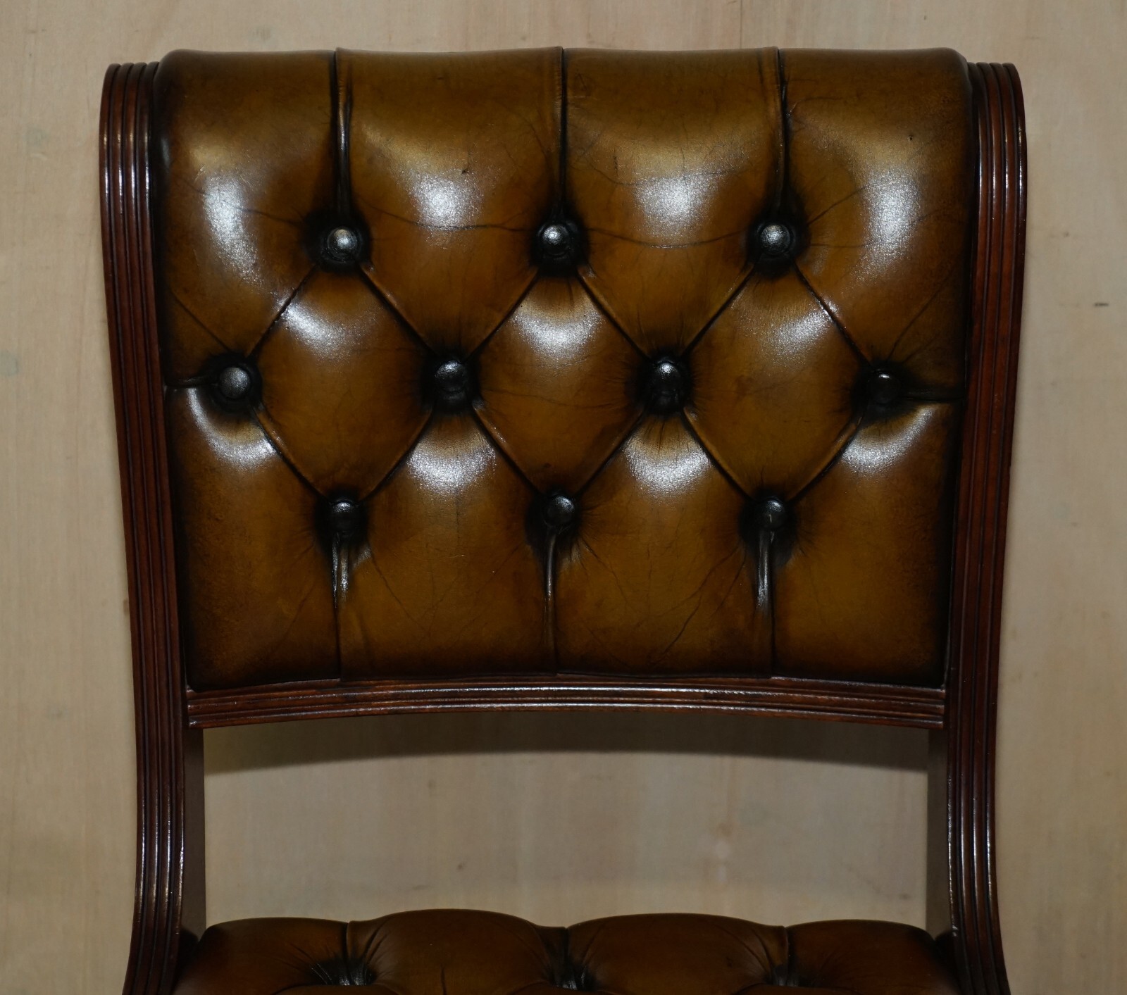 EIGHT VINTAGE MAHOGANY FULLY RESTORED CHESTERFIELD BROWN LEATHER DINING CHAIRS 8