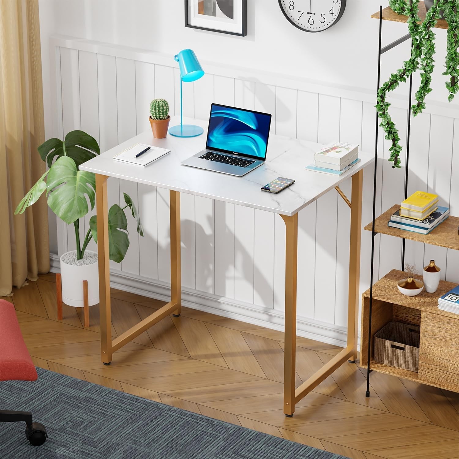 PayLessHere 32″ Computer Desk, White Gold Table w/ Metal Frame