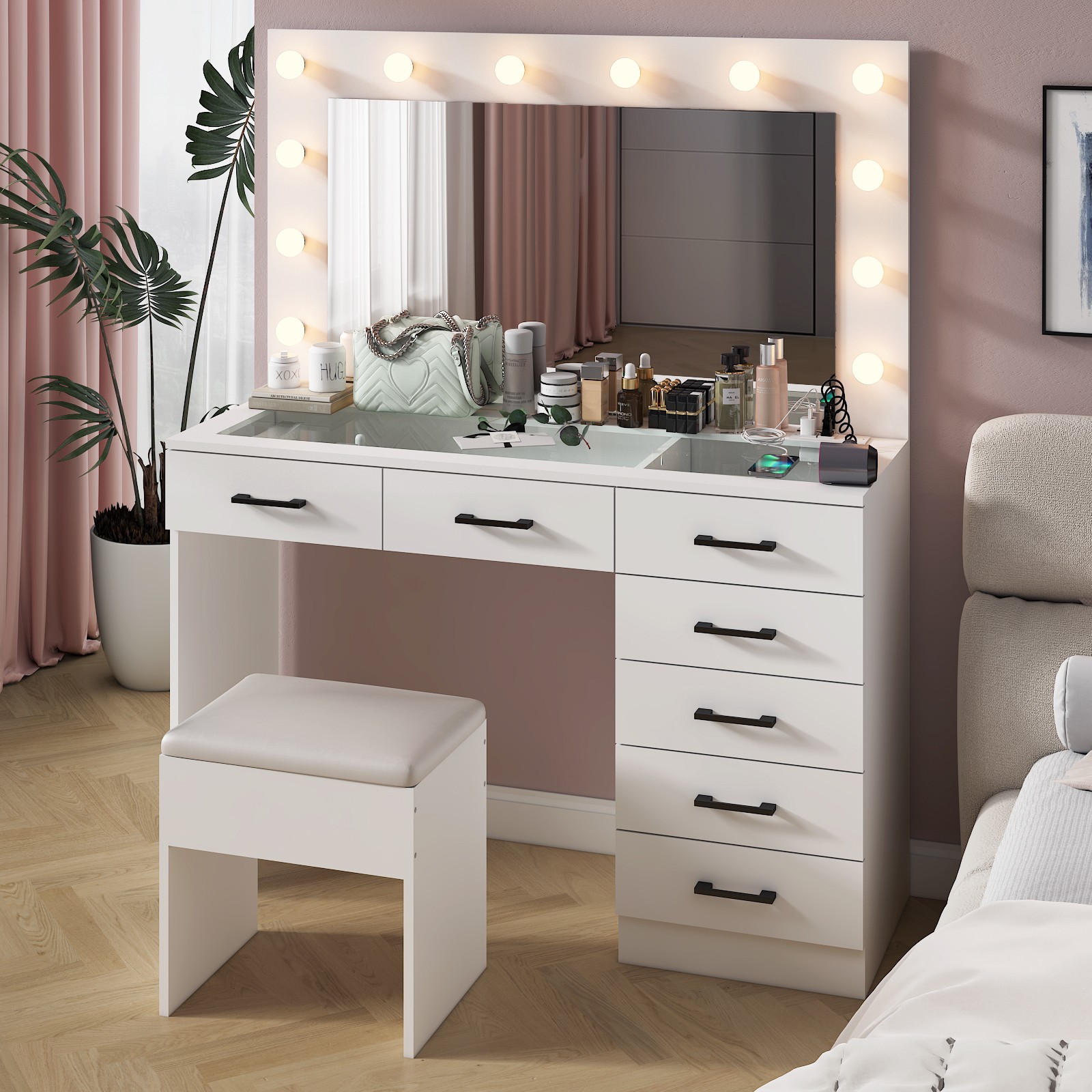 Large Vanity Set Makeup Desk Dressing Dresser Table 7 Drawer with 12 LED Lights