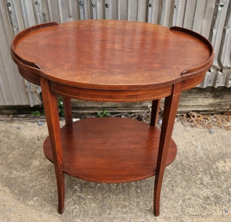 VTG Mersman Oval Oblong 4 Leg Stripe Inlay End Table Stand Solid Wood Antique