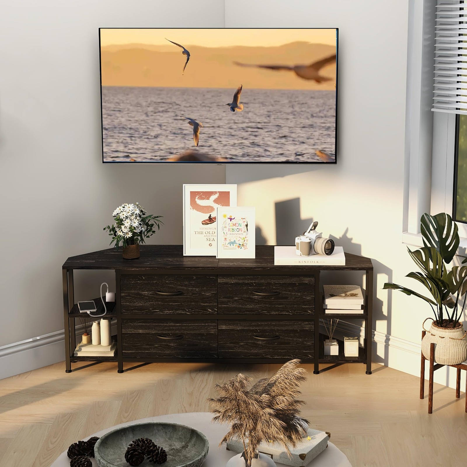 EXOTICA Corner TV Stand with Power Outlet for TVs up to 65 Inch Black Corner Ent
