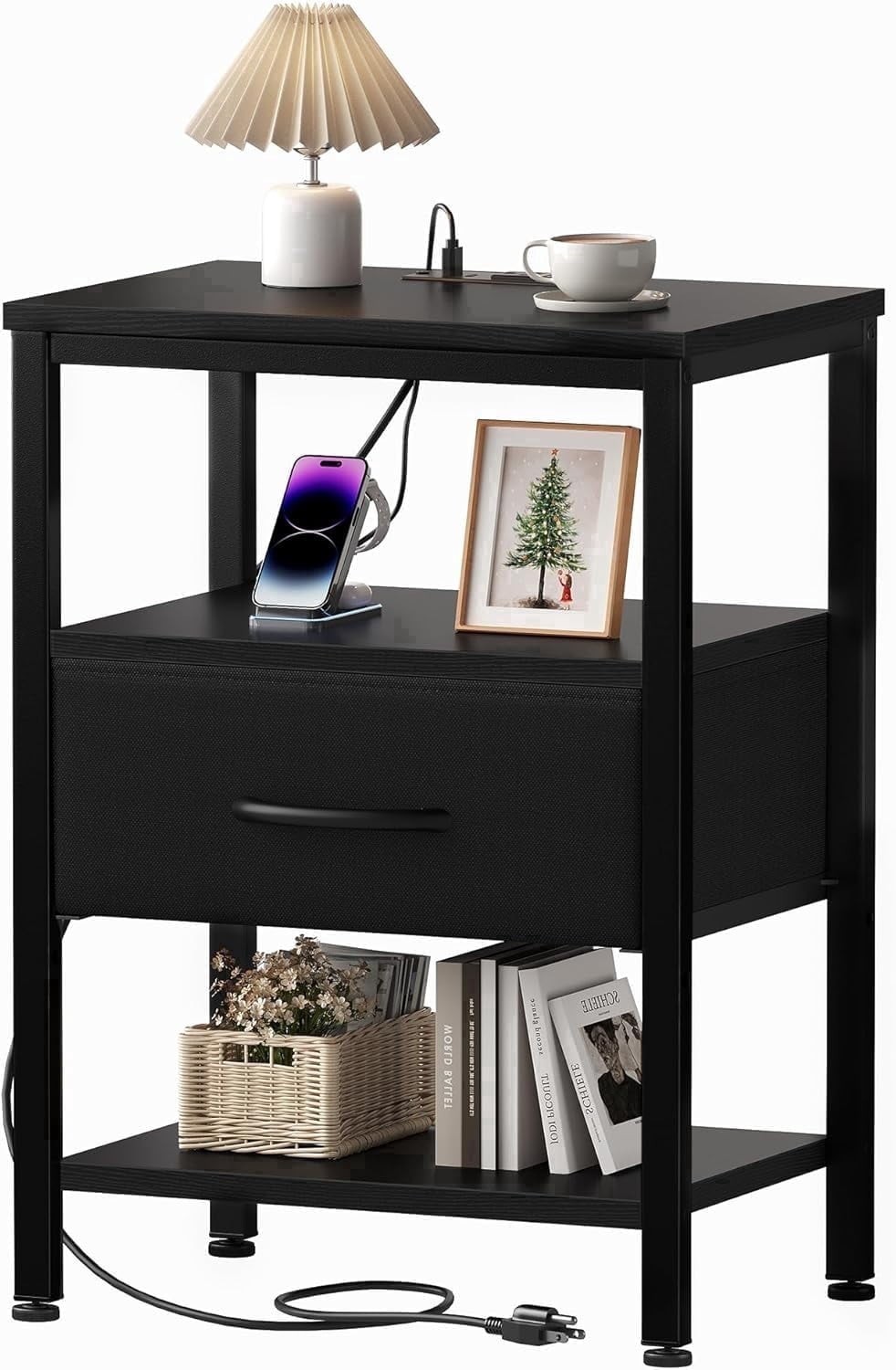 Open Shelf End Table Small Space Fabric Drawer Nightstand with Charging Station