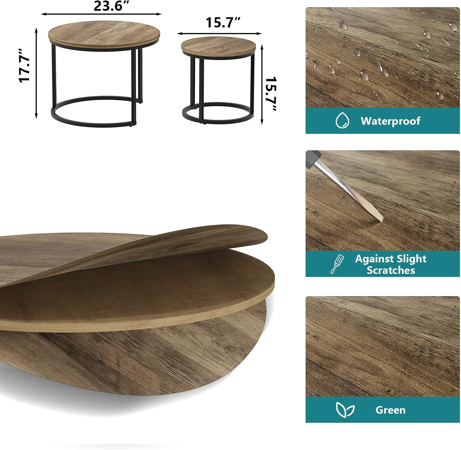Nesting Coffee Table Set of 2, 23.6″ round Coffee Table Wood Grain Top with Adju