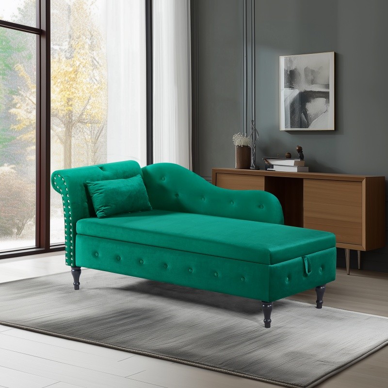 60″ Velvet Storage Chaise Lounge Buttons Tufted Sleeper Sofa Chair Wood Legs