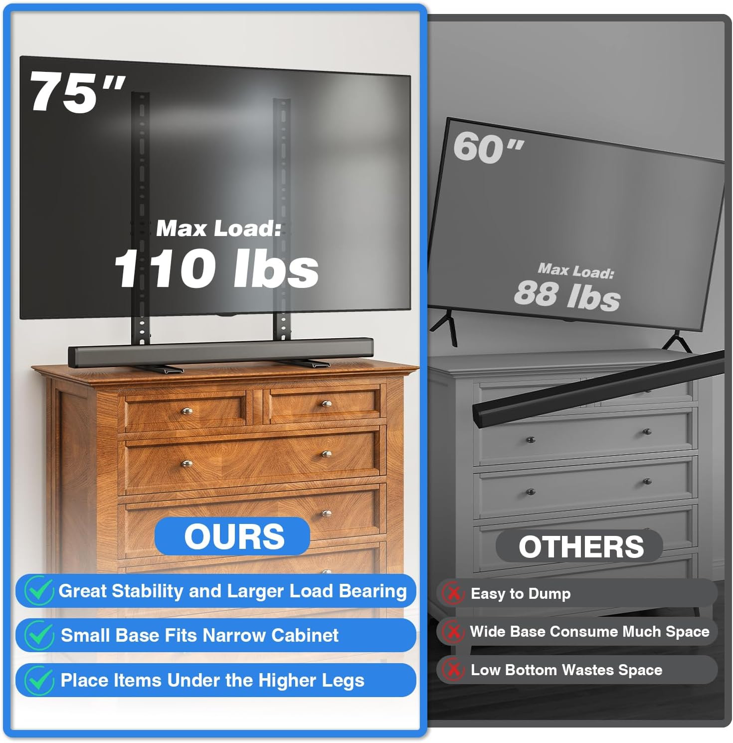 Universal TV Stand for 20-75 Inch Flat Curved Tvs, Height Adjustable Table Top T
