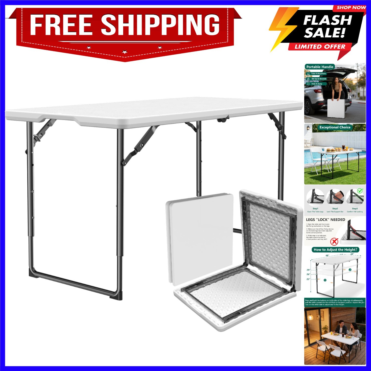 Folding Table 4ft – Heavy Duty Fold-in-Half Plastic Table with Adjustable Hei…