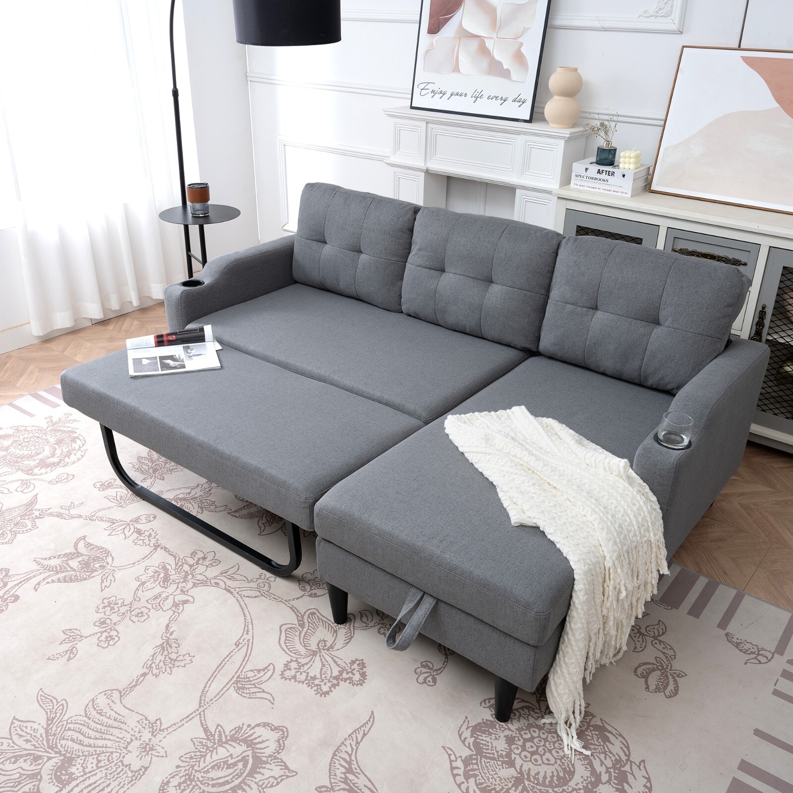 Modern Sectional Sofa Bed Modular Couch with Storage Chaise Lounge Cup Holders