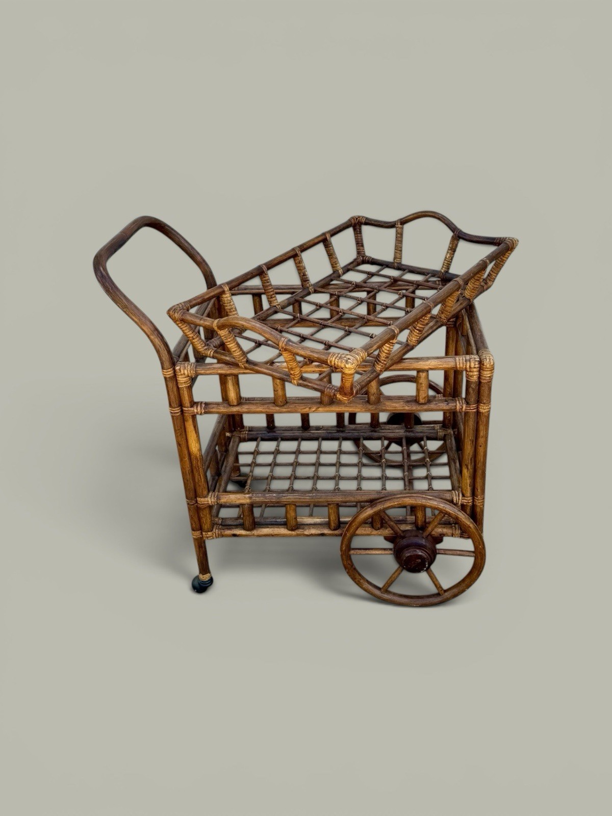 Vintage 1970s Bamboo Rolling Bar Cart with Removable Serving Tray