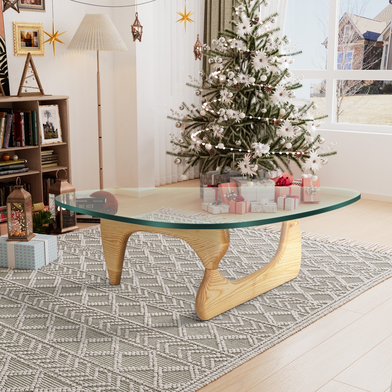 Classic Style Glass Coffee Table Side Table 19mm Thick Triangle Glass Wood Base