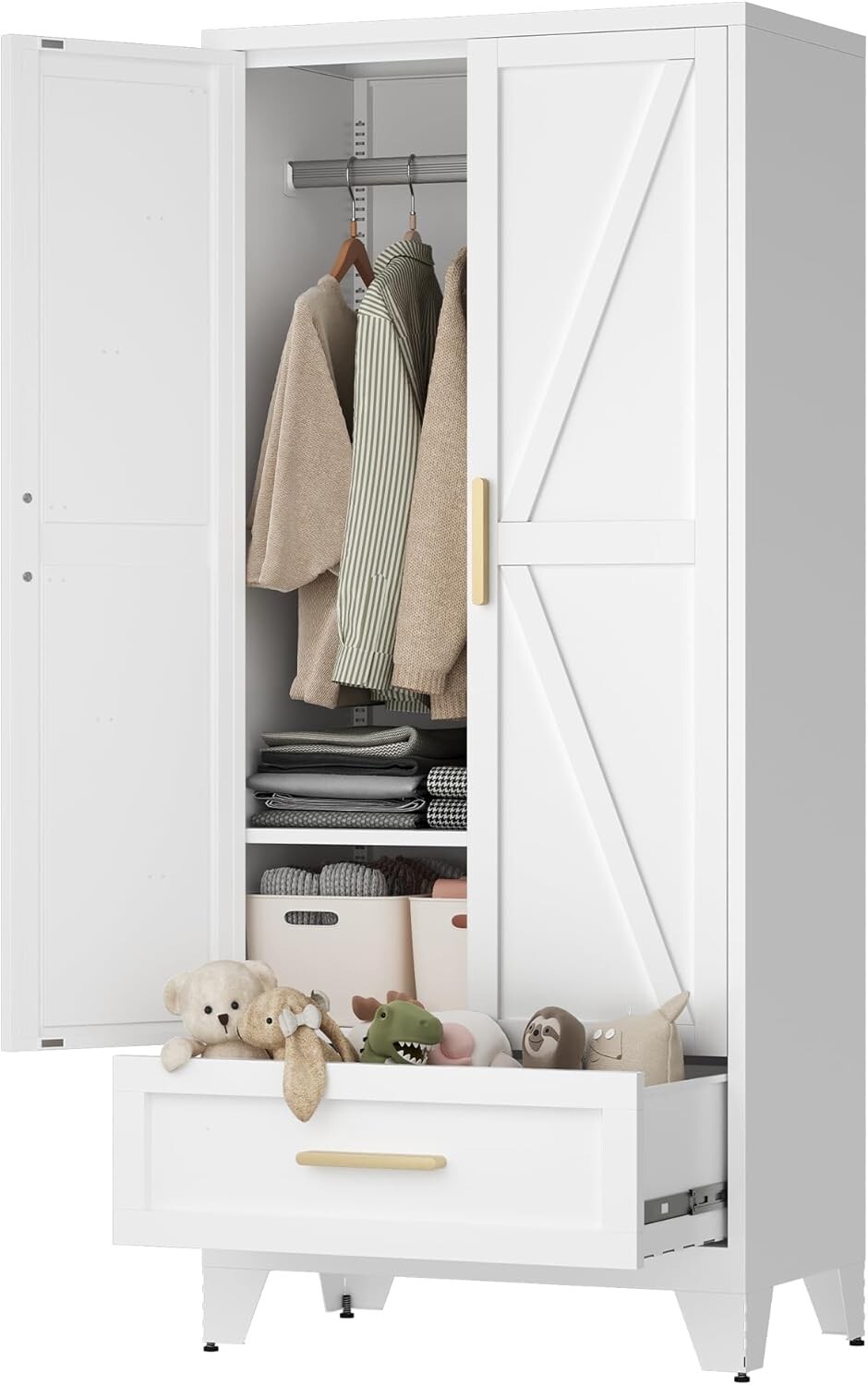 Elegro 71″H Metal Wardrobe Cabinet With Drawer,2 Doors Armoire Wardrobe Clost