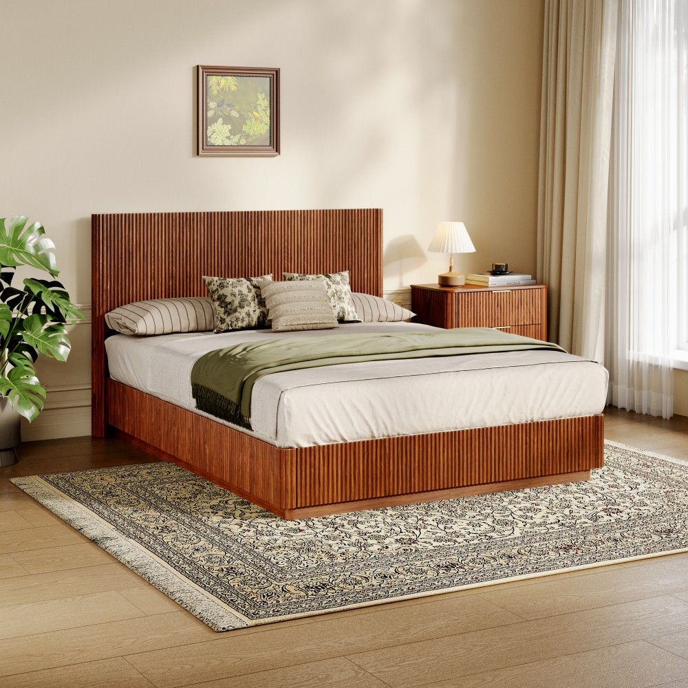 Queen Size Bed Frame with LED Lights, Modern Wooden Corrugated Curved Lines