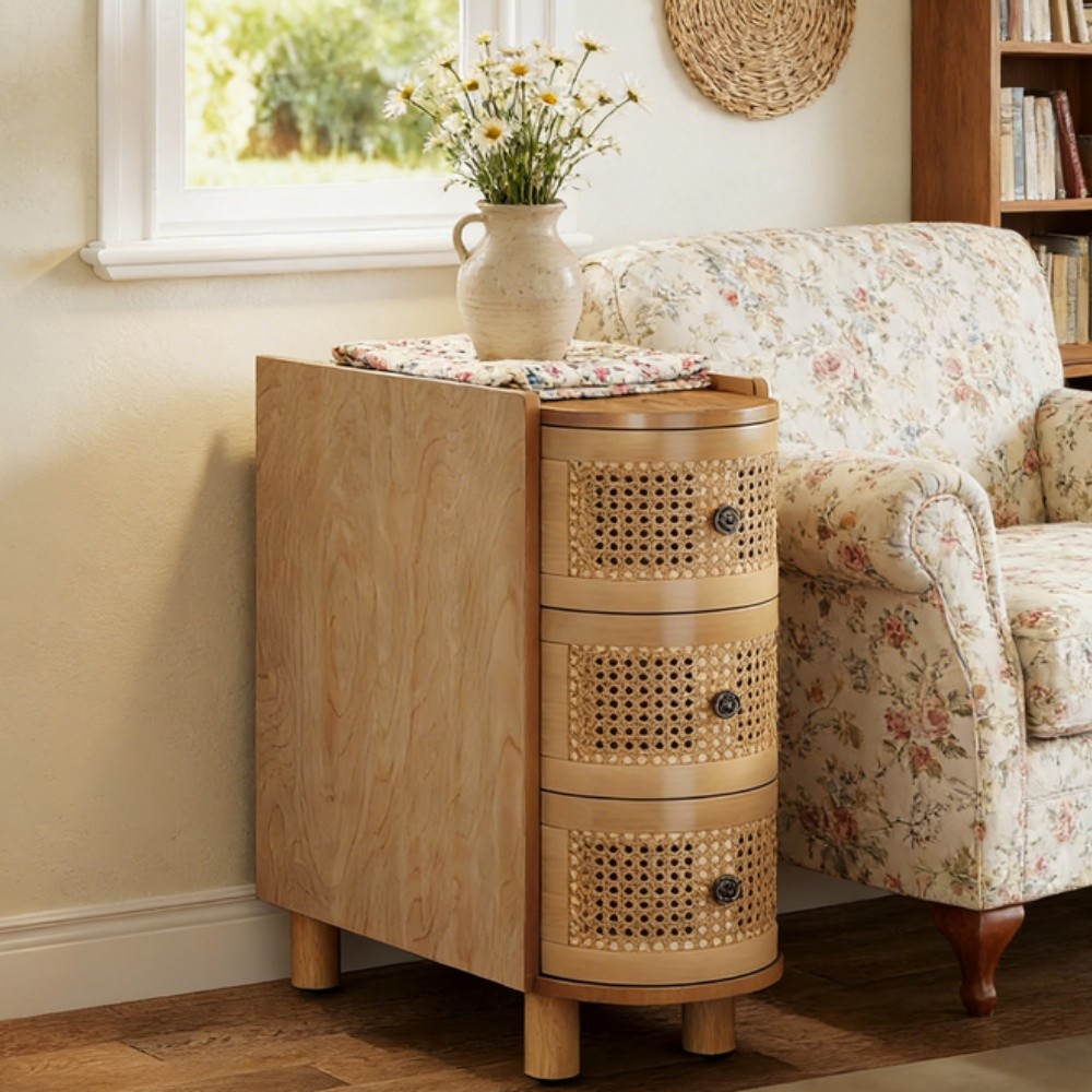End Table Wood Bedside Table Side Table with Three Spacious Rattan Drawers